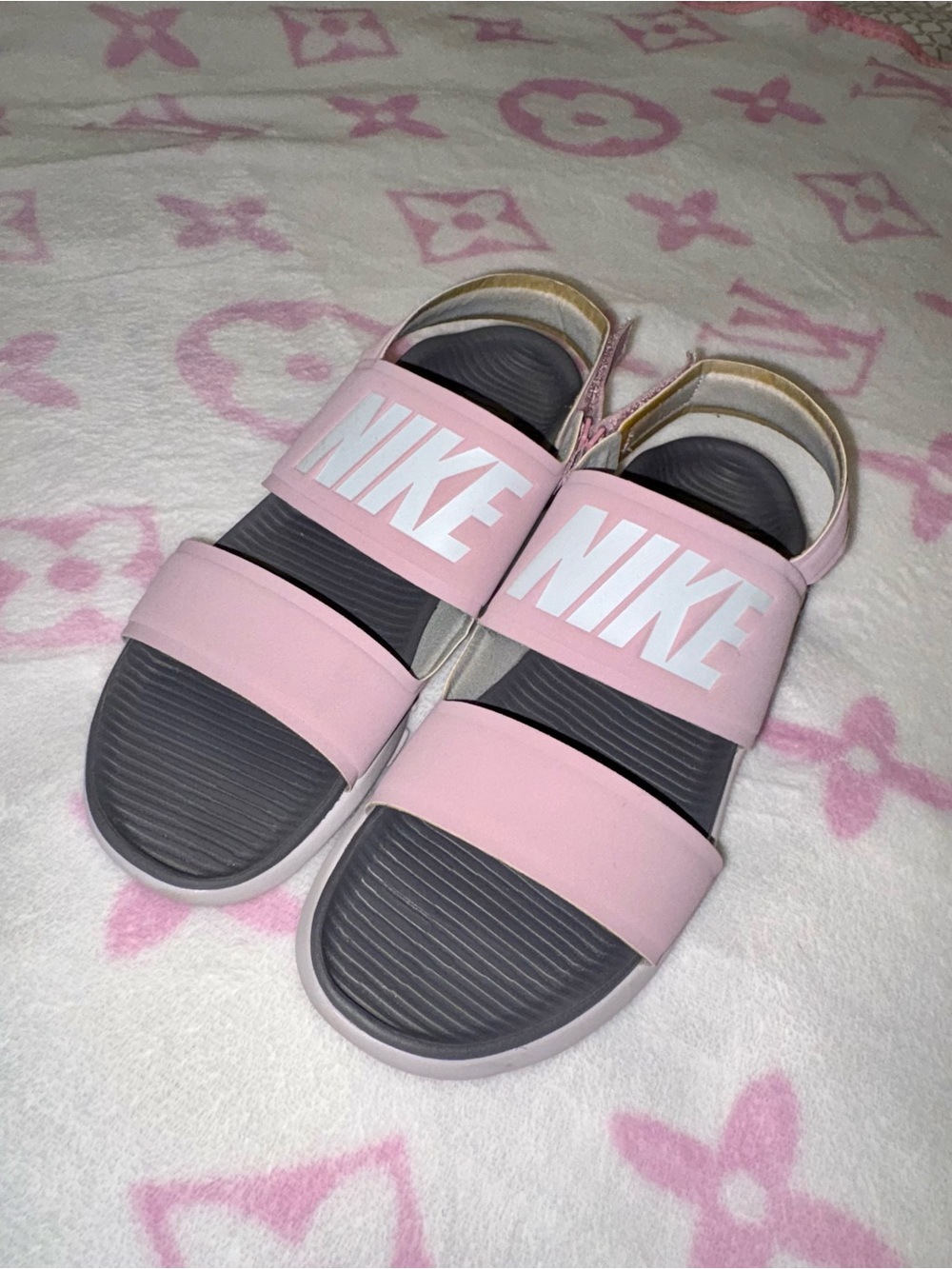 Nike Women’s Pink and Gray Dual-Strap Slide Sandals